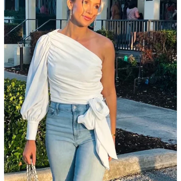 Revolve Beige One Shoulder Satin Wrap Top XXS Romantic Chic More to Come $68 NEW - Picture 10 of 10